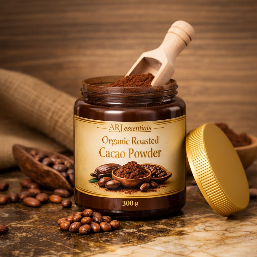ARJ Organic Roasted Cacao Powder open jar with wooden scoop and cacao beans on rustic wood