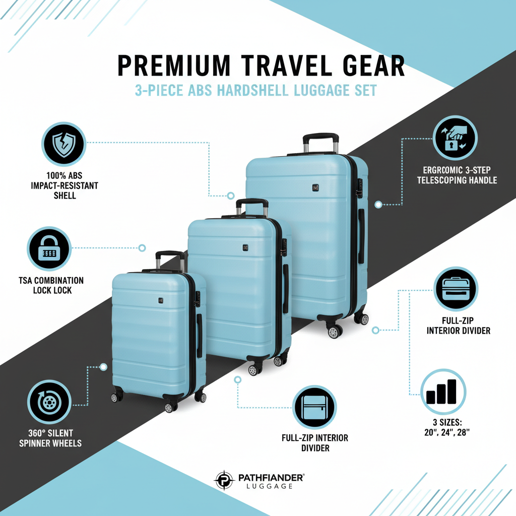 Blue ABS hardshell luggage set features infographic