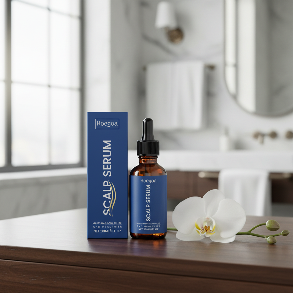 Hoegoa Scalp Serum dark wood with white orchid and luxury bathroom