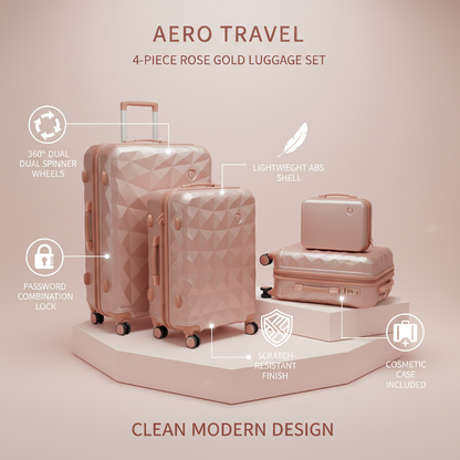 Rose gold luggage set features infographic