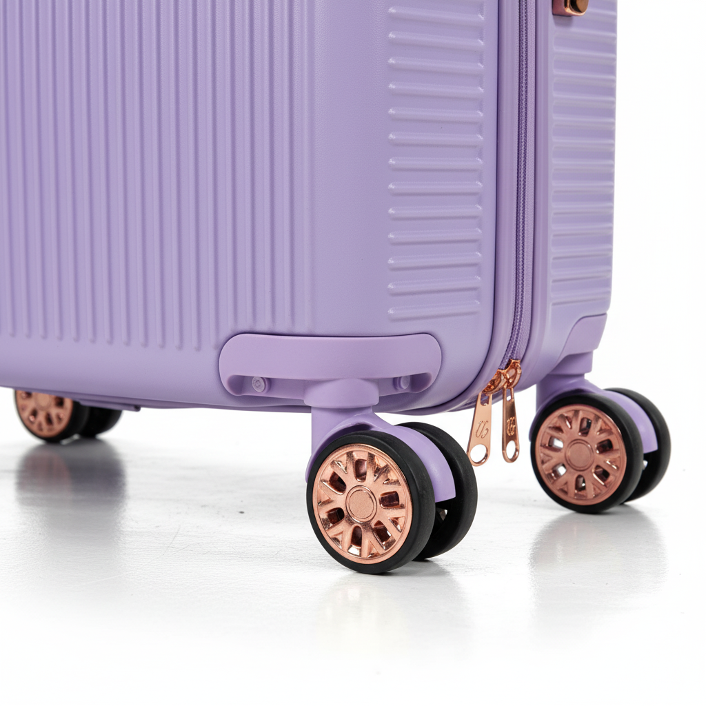Close-up of purple suitcase rose gold spinner wheels and zipper