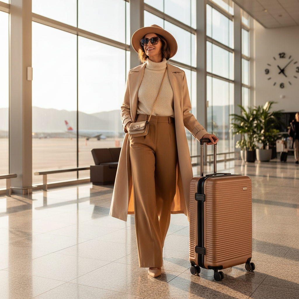 Stylish traveler at airport rolling champagne gold ribbed hardshell suitcase