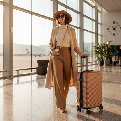 Stylish traveler at airport rolling champagne gold ribbed hardshell suitcase