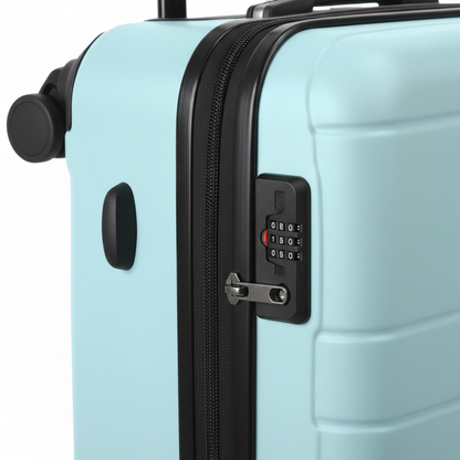 Close-up of blue suitcase TSA lock and black spinner wheels