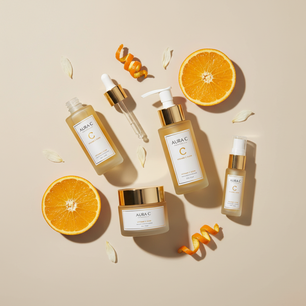 Vitamin C facial care set on beige background