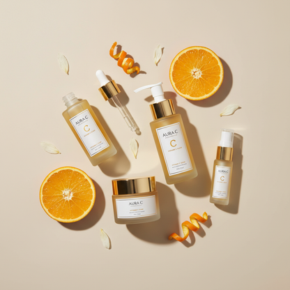 Vitamin C facial care set on beige background