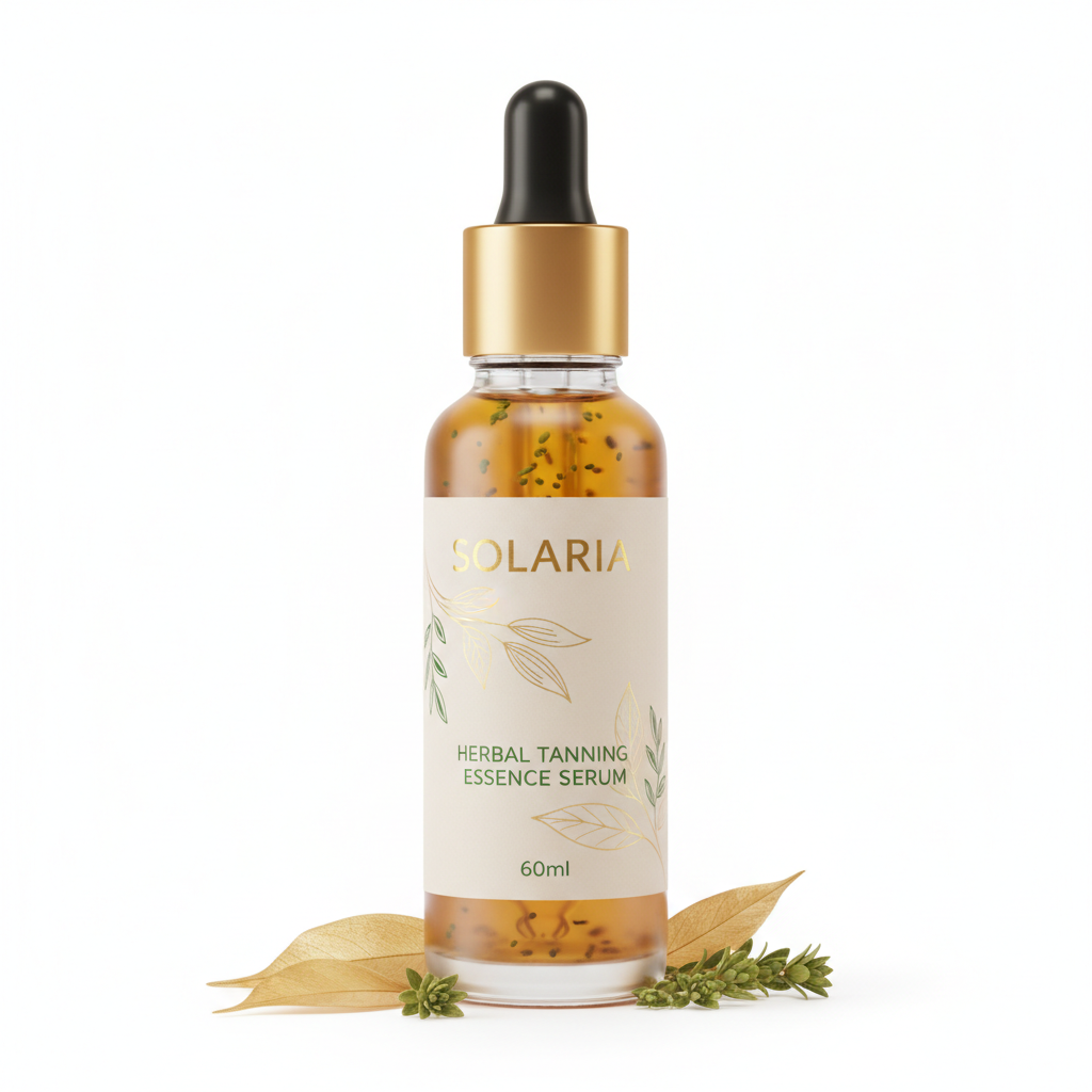 Herbal tanning essence serum bottle on white background