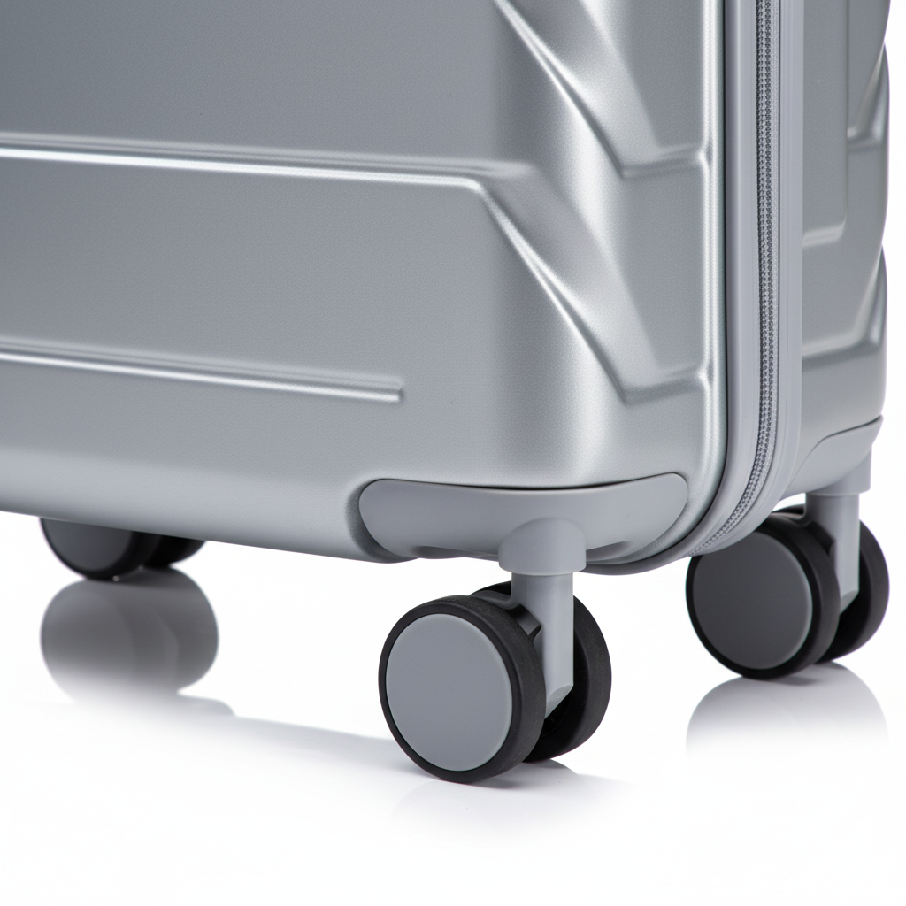 Close-up of silver suitcase TSA lock and spinner wheels