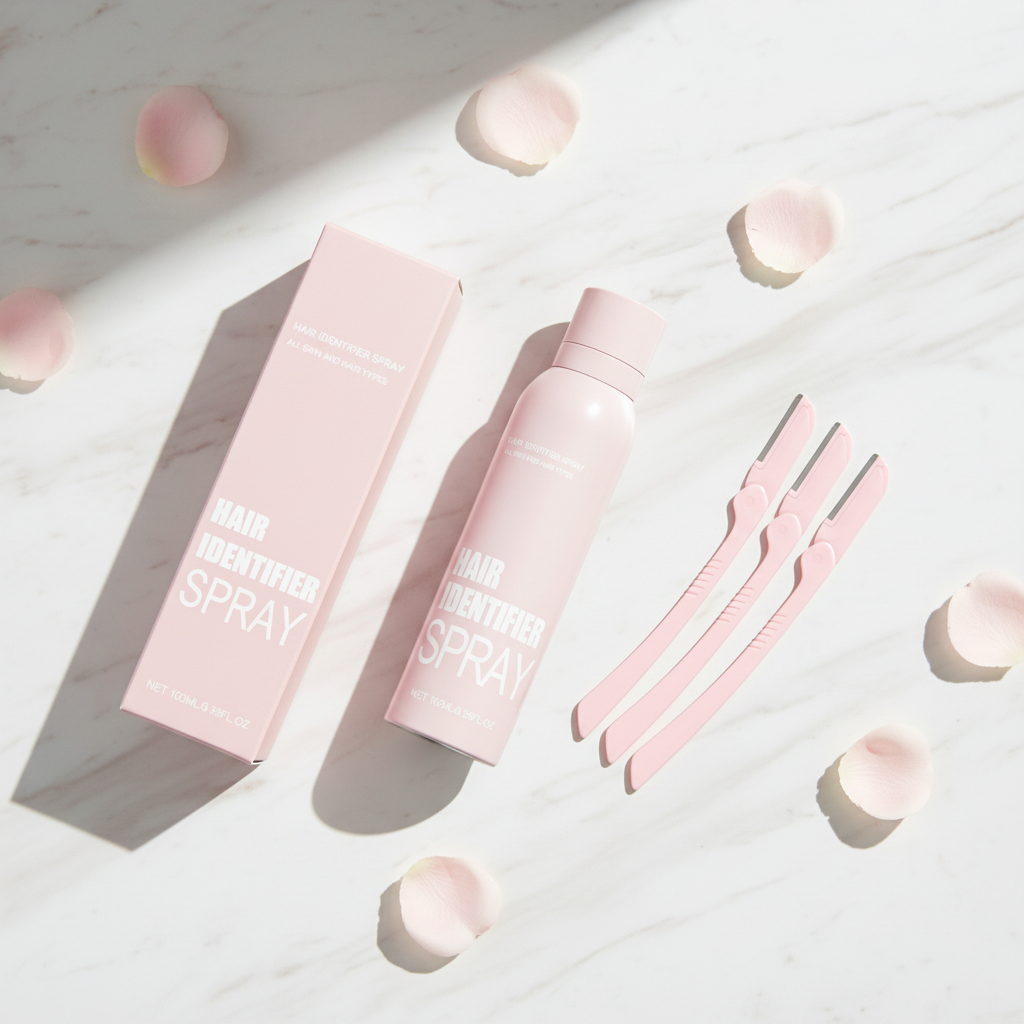 Hair Identifier Spray & Razor Set — marble flatlay with rose petals