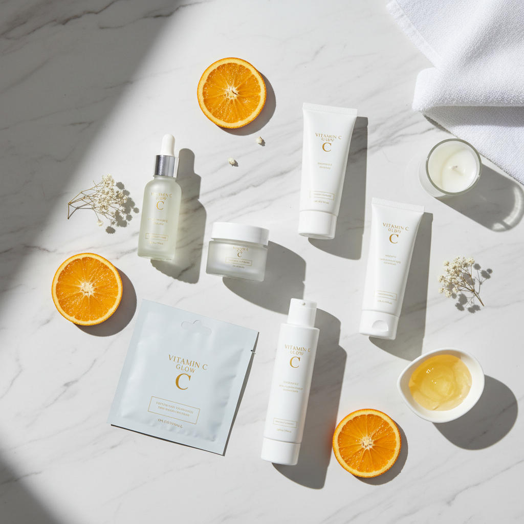 Vitamin C skincare 6-piece set flatlay on marble