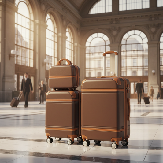 Vintage brown hardshell luggage set at grand European train station