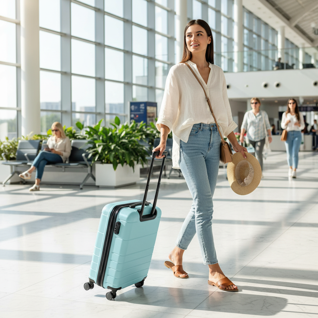 Stylish traveler at airport rolling sky blue ribbed hardshell suitcase