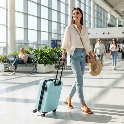 Stylish traveler at airport rolling sky blue ribbed hardshell suitcase