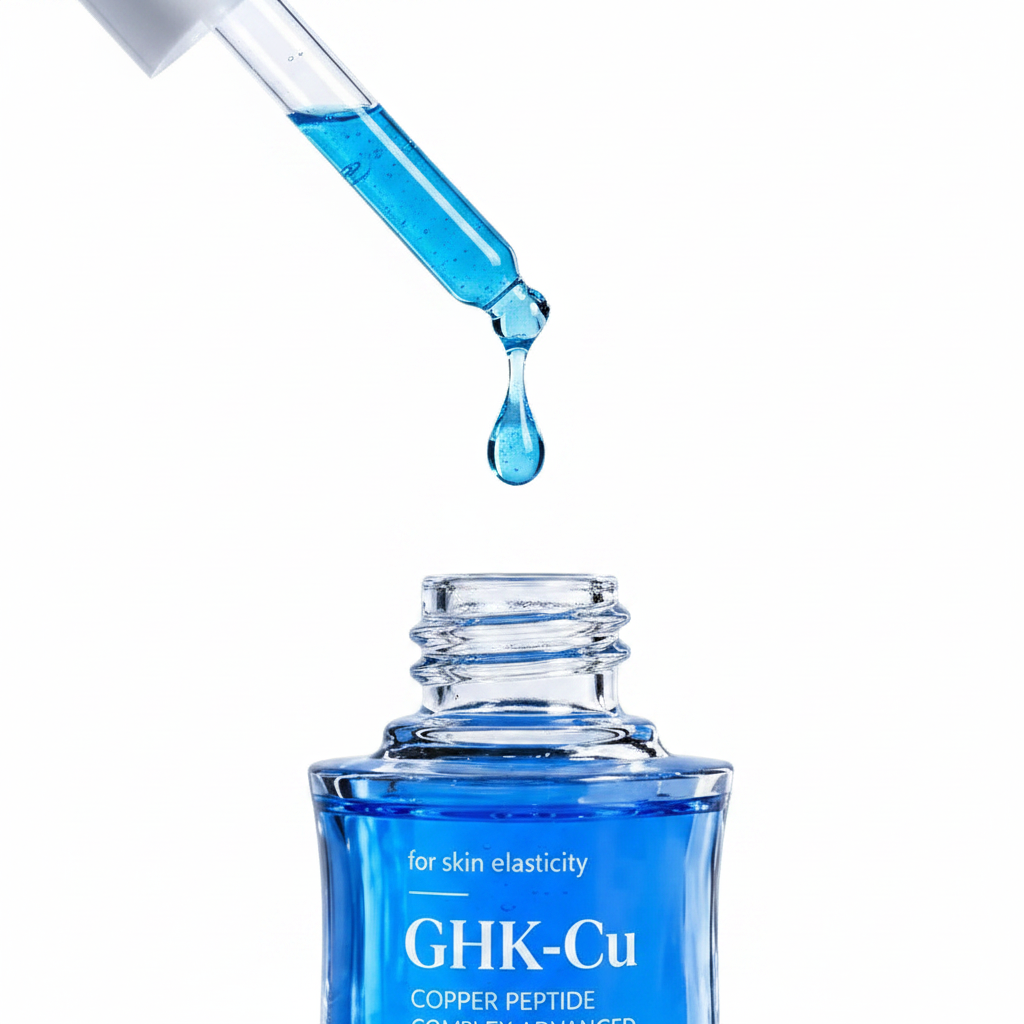 GHK-Cu Serum slow-motion blue serum droplet macro