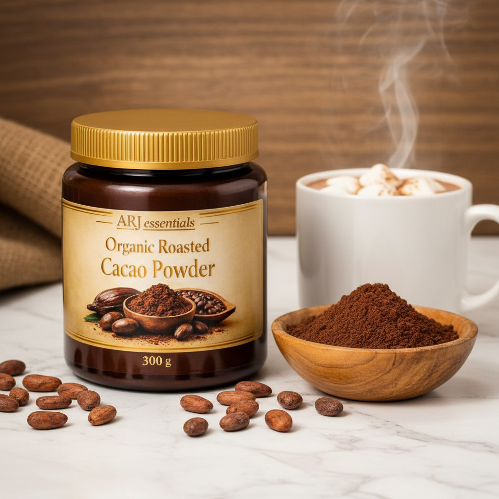 ARJ Organic Roasted Cacao Powder jar on white marble with cacao beans and hot chocolate