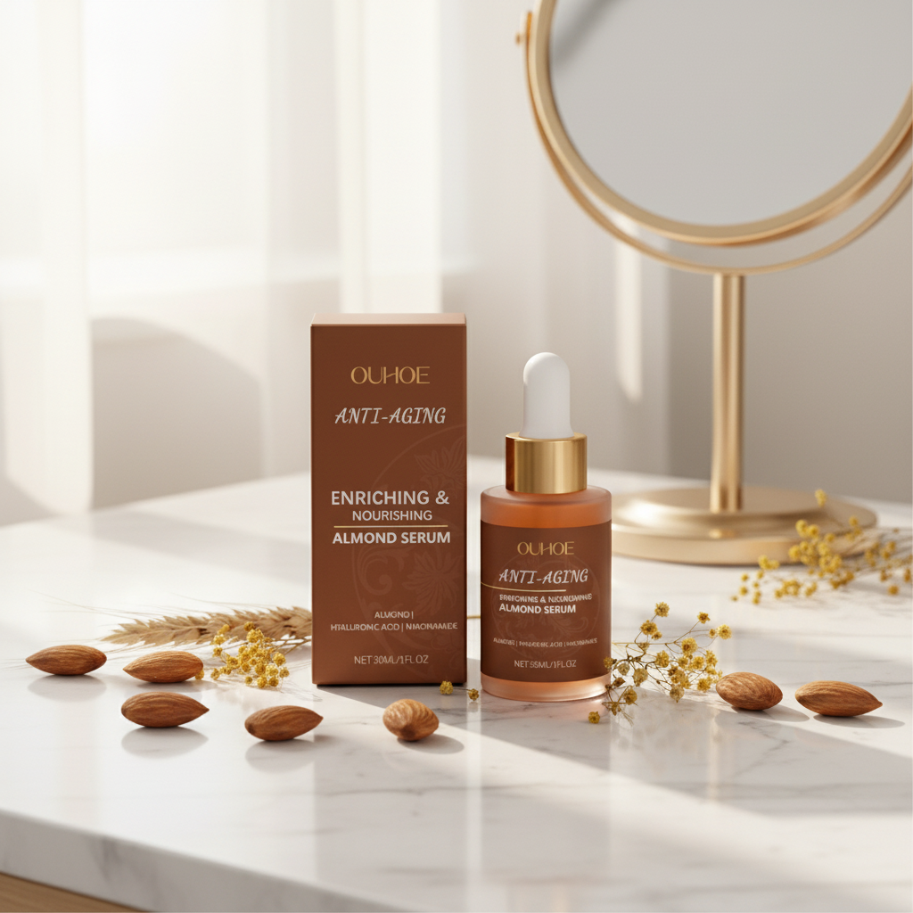 OUHOE Almond Serum — vanity with almonds and botanicals
