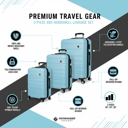 Blue ABS hardshell luggage set features infographic