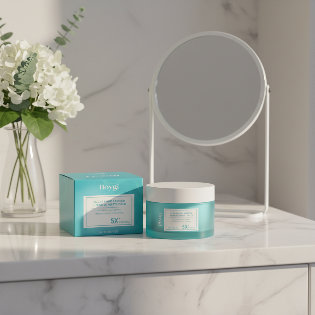 Hoygi 5X Ceramide Moisturizer — vanity with white flowers