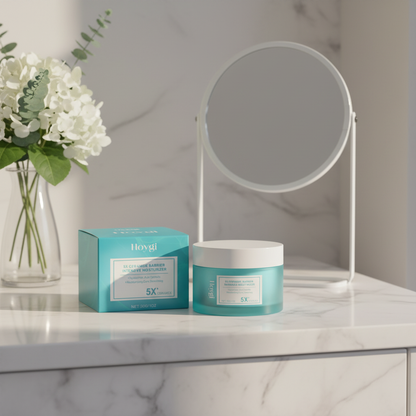 Hoygi 5X Ceramide Moisturizer — vanity with white flowers