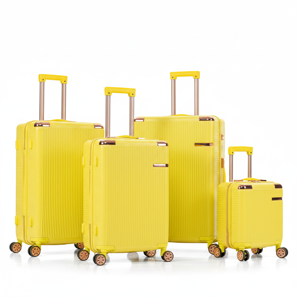 4-piece bright yellow ABS spinner luggage set with rose gold accents