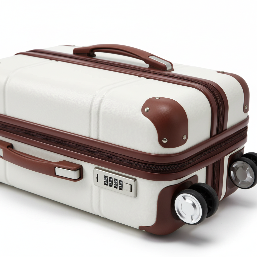 Close-up of white suitcase TSA lock and spinner wheels