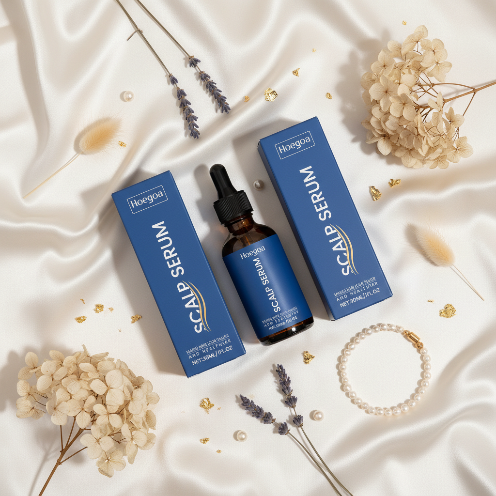 Hoegoa Scalp Serum ivory silk flatlay with gold flakes and pearls