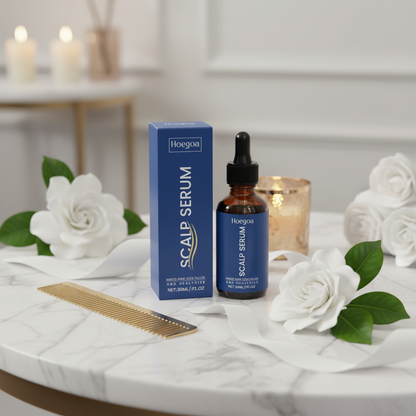 Hoegoa Scalp Serum white marble vanity with gardenias and candlelight