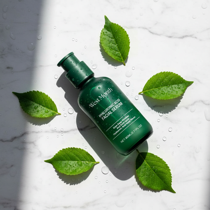 West Month Hyaluronic Acid Serum — marble flatlay with green leaves