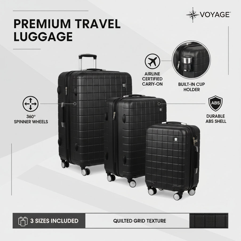 Black ABS luggage set features infographic
