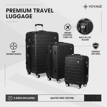 Black ABS luggage set features infographic