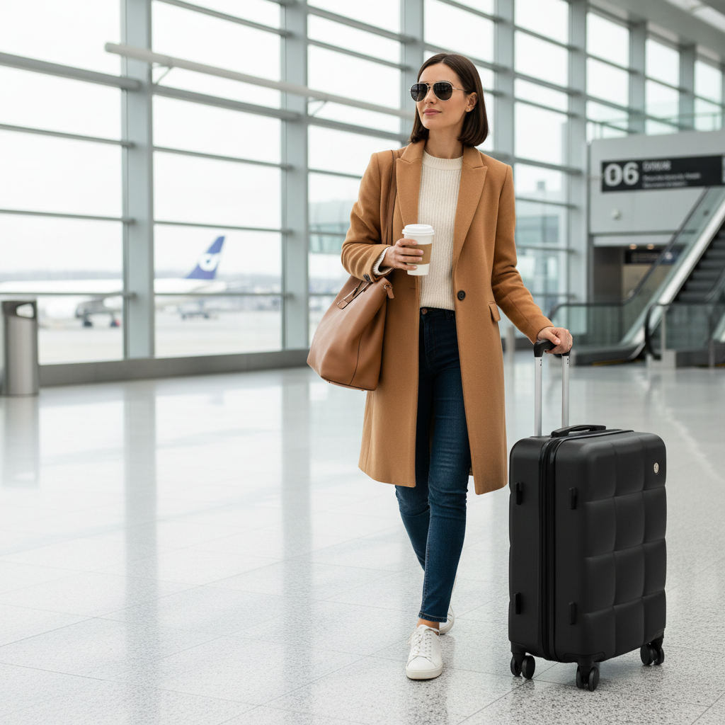 Traveler at airport with black quilted suitcase and cup in built-in holder