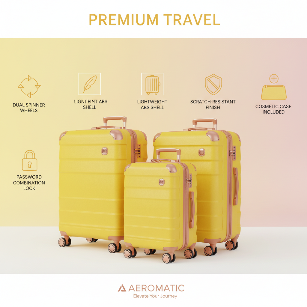 Yellow and rose gold luggage set features infographic