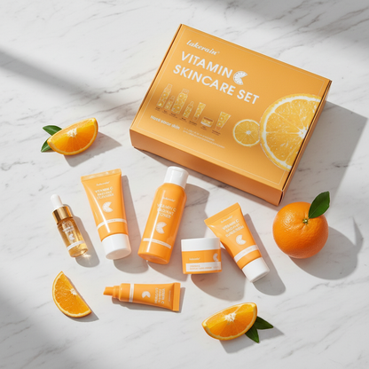 Vitamin C skincare set flatlay on white marble