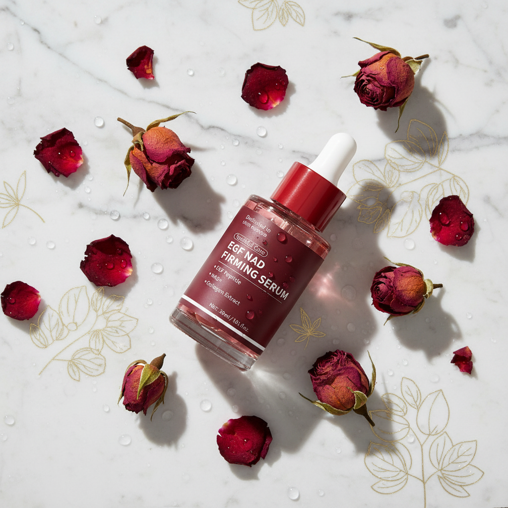 Youthful Care EGF NAD Serum — marble flatlay with red roses