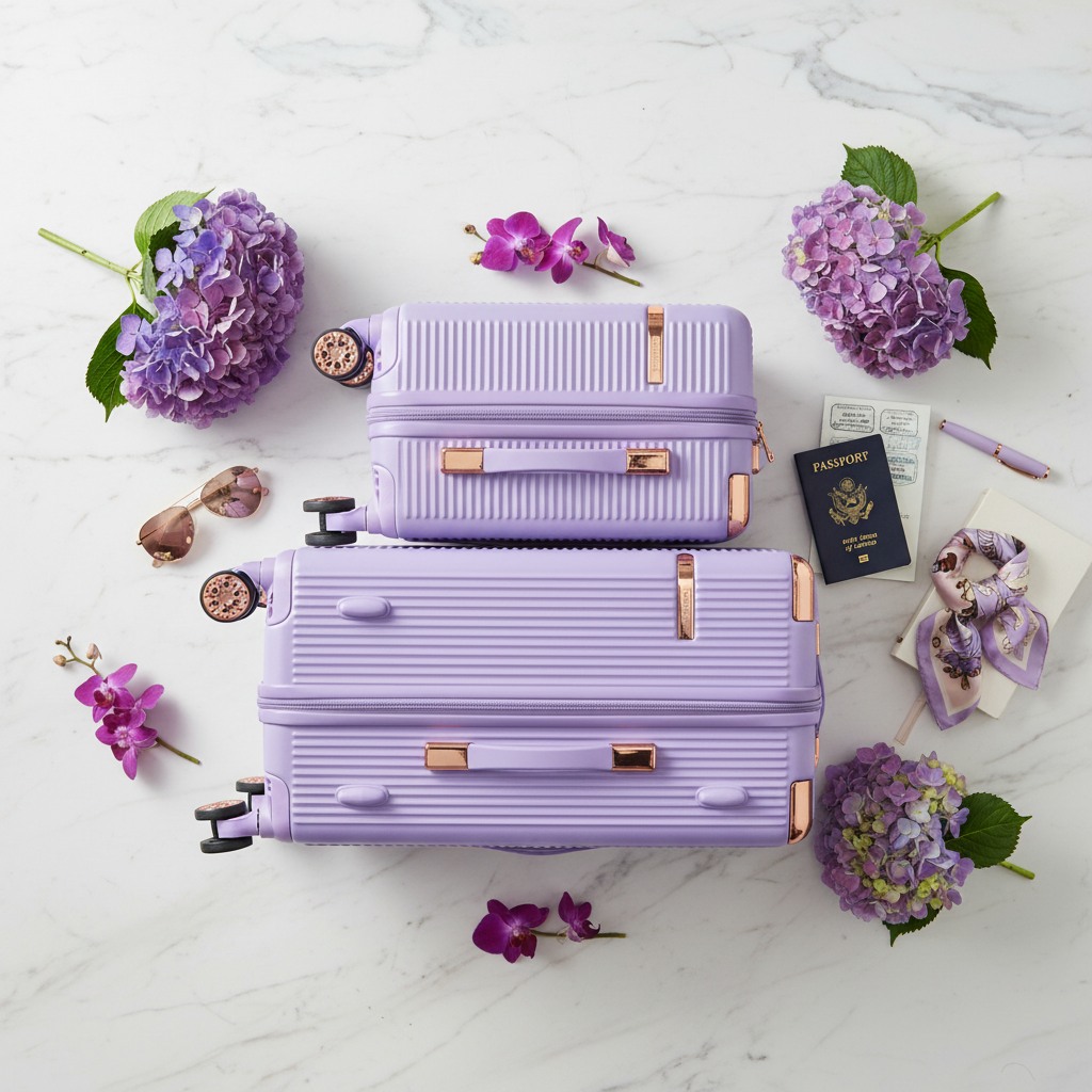 Purple Luggage Set - Marble Flat Lay