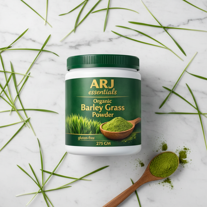 ARJ Organic Barley Grass Powder — marble flatlay