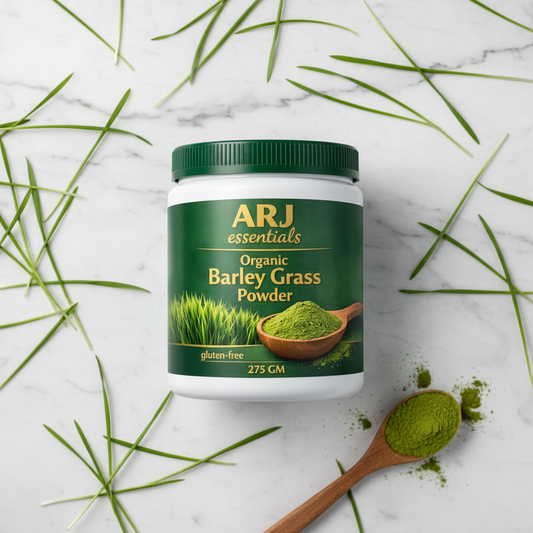 ARJ Organic Barley Grass Powder — marble flatlay
