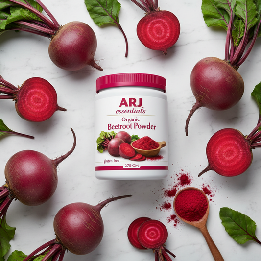 ARJ Organic Beetroot Powder — marble flatlay with beetroots and wooden spoon