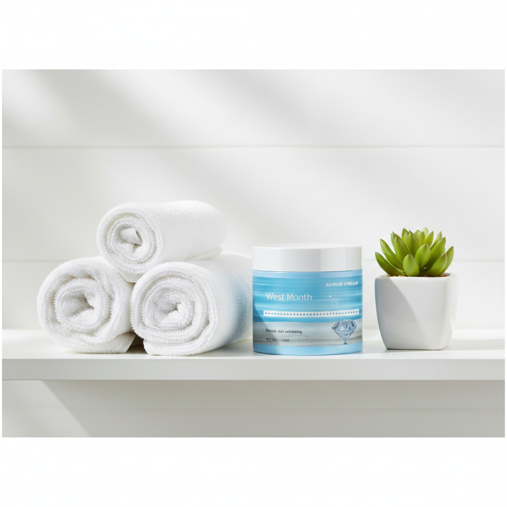West Month Scrub Cream — bathroom shelf lifestyle