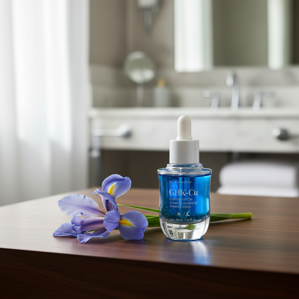 GHK-Cu Serum dark walnut with blue iris and luxury bathroom