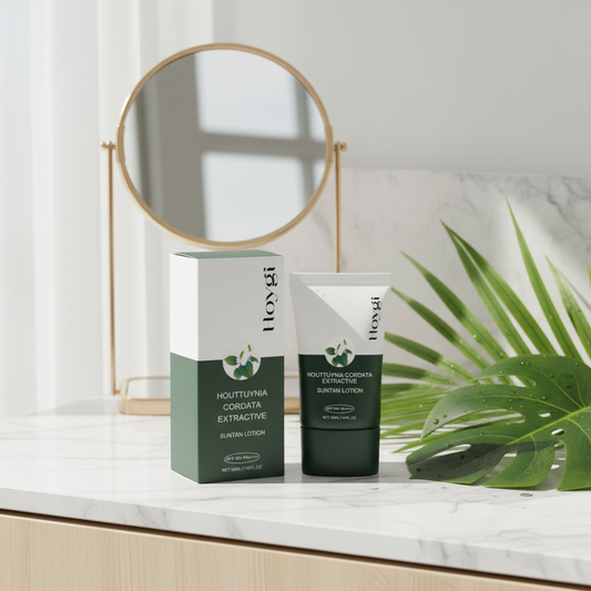 Hoygi SPF 50+ Sunscreen — vanity with tropical leaves