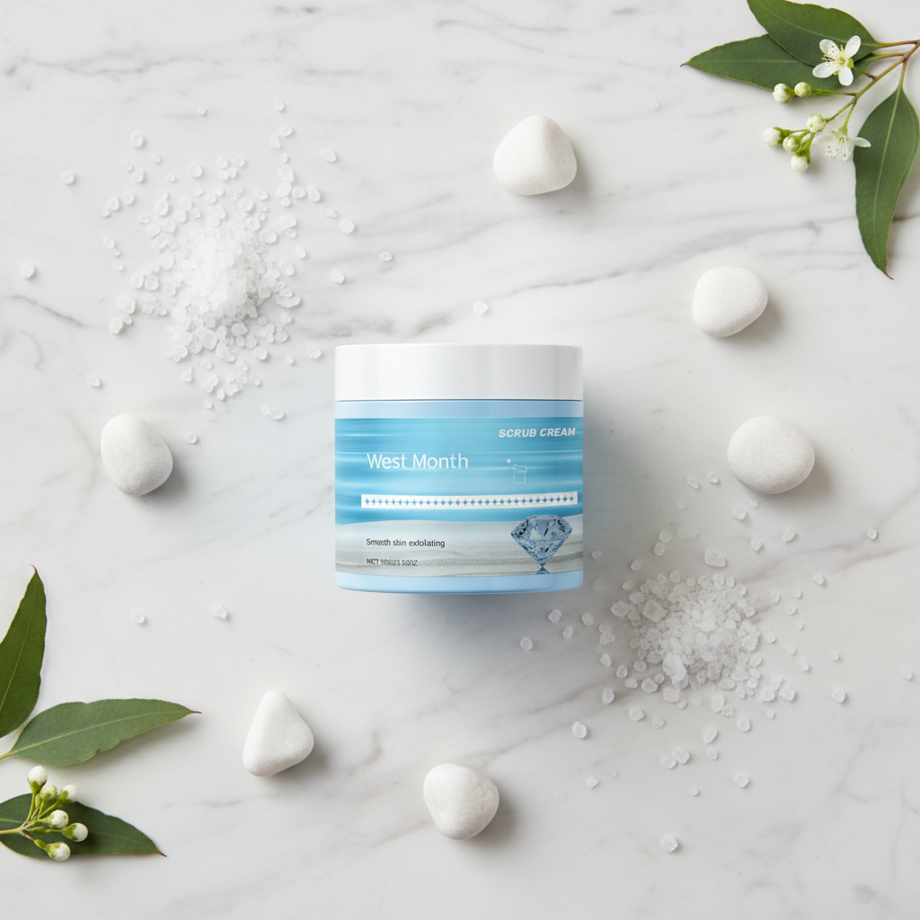 West Month Scrub Cream — marble flatlay with sea salt and eucalyptus