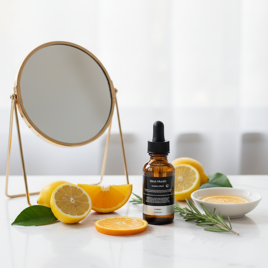 West Month Vitamin C Serum — vanity with citrus botanicals