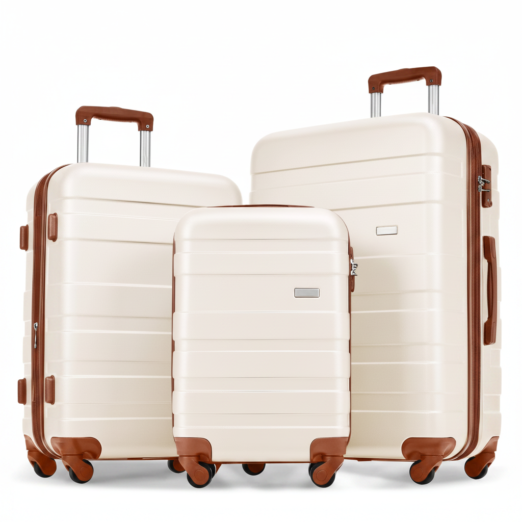 3-piece ivory and brown ABS hardshell luggage set on white background