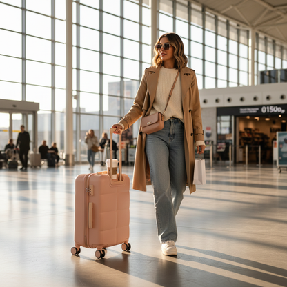 Woman at airport with pink quilted suitcase and cup in built-in holder