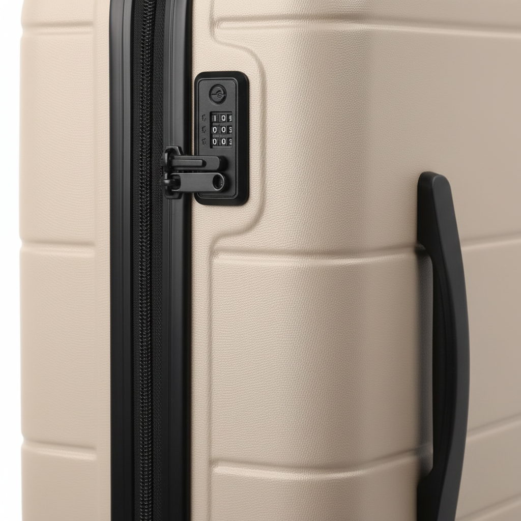 Close-up of beige suitcase TSA lock and black spinner wheels