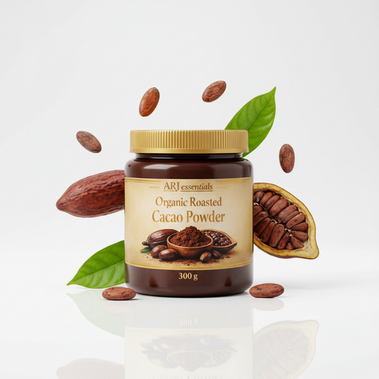 ARJ Organic Roasted Cacao Powder minimalist hero shot on white background with cacao pods