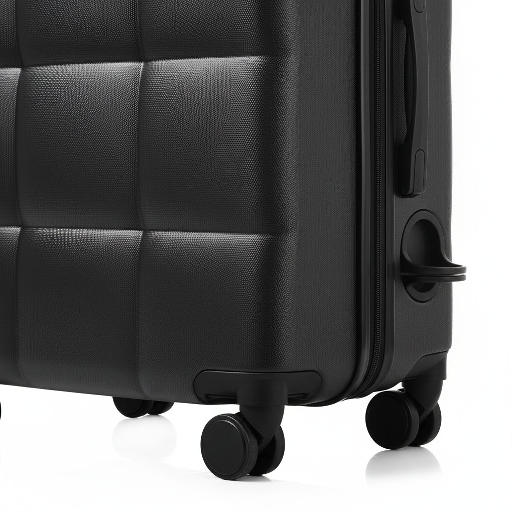Close-up of black quilted suitcase spinner wheels and cup holder detail