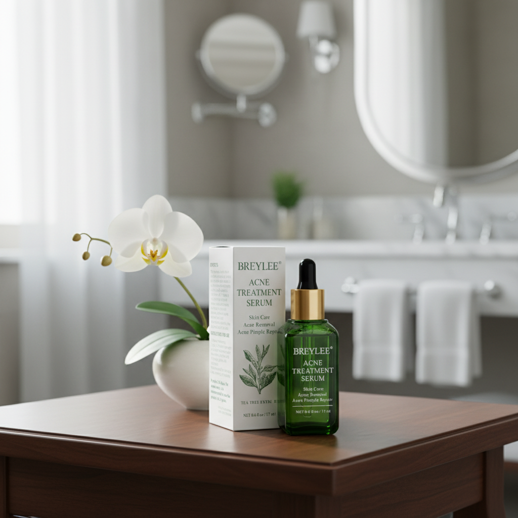 BREYLEE Acne Serum dark walnut with white orchid and luxury bathroom