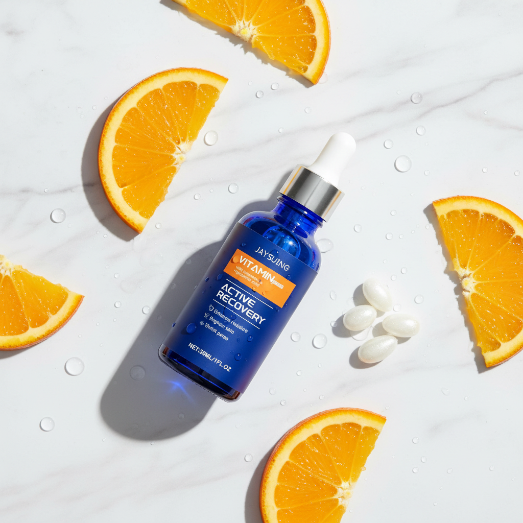 Jaysuing Vitamin Serum — marble flatlay with citrus and niacinamide